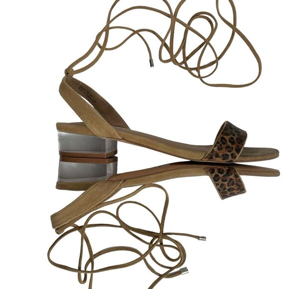Steve Madden Carolynn Tan Animal Print Lace-Up Sandals Size 8 Lucite Heel Shoes - Picture 4 of 7